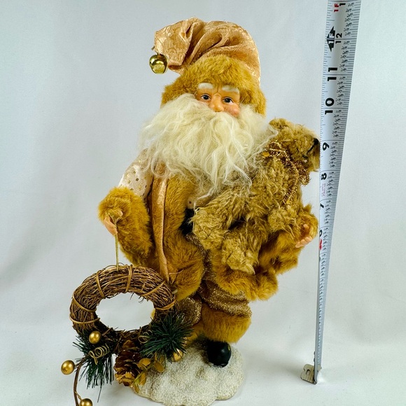 Golden Santa Claus Standing 12 Inches With Teddy Bear & Wreath. Satin Jacquard - Picture 8 of 9